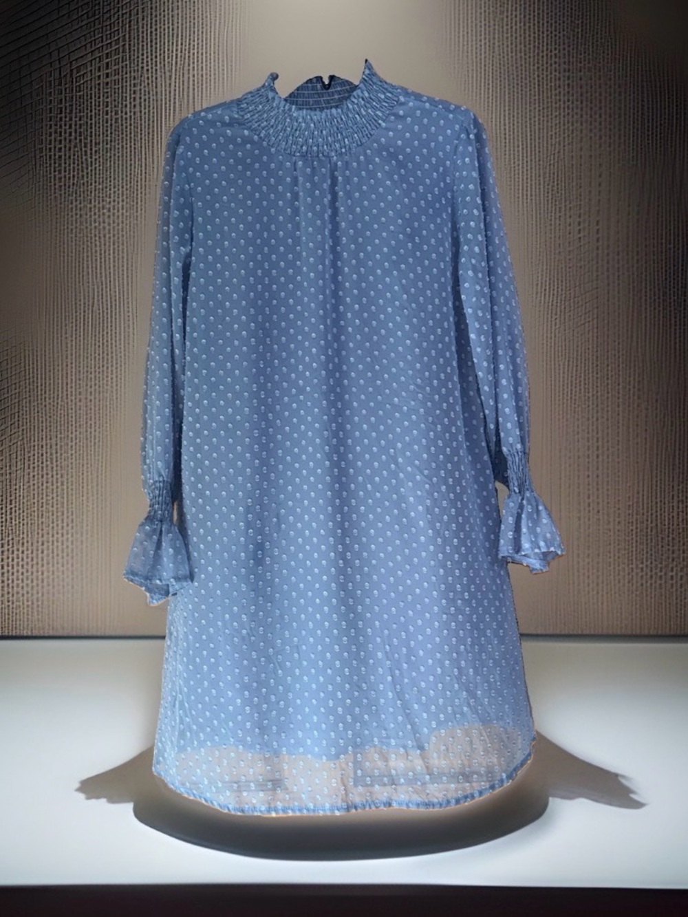 Solution Muted Blue Swiss Dot Smocked Neck & Cuff Shift Dress-S-EC